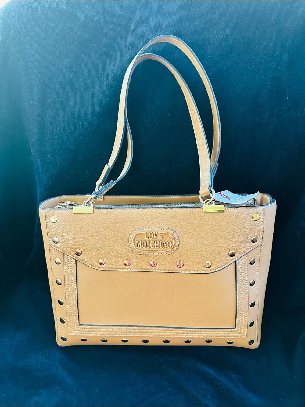Love Moschino Tan Shoulder Tote with Stud Accents